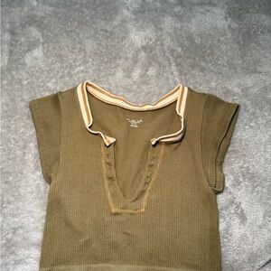 Urban Outfitters Olive Ribbed V-Neck Blouse